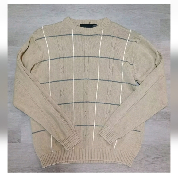 Bill Blass Vintage Cotton Striped Cable Knit Sweater Tan Unisex Size XL - Picture 1 of 6